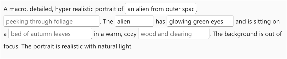 A macro, detailed, hyper realistic portrait of an alien from outer space, peeking through foliage. The alien has glowing green eyes and is sitting on a bed of autumn leaves in a warm, cozy woodland clearing. The background is out of focus. The portrait is realistic with natural light. 